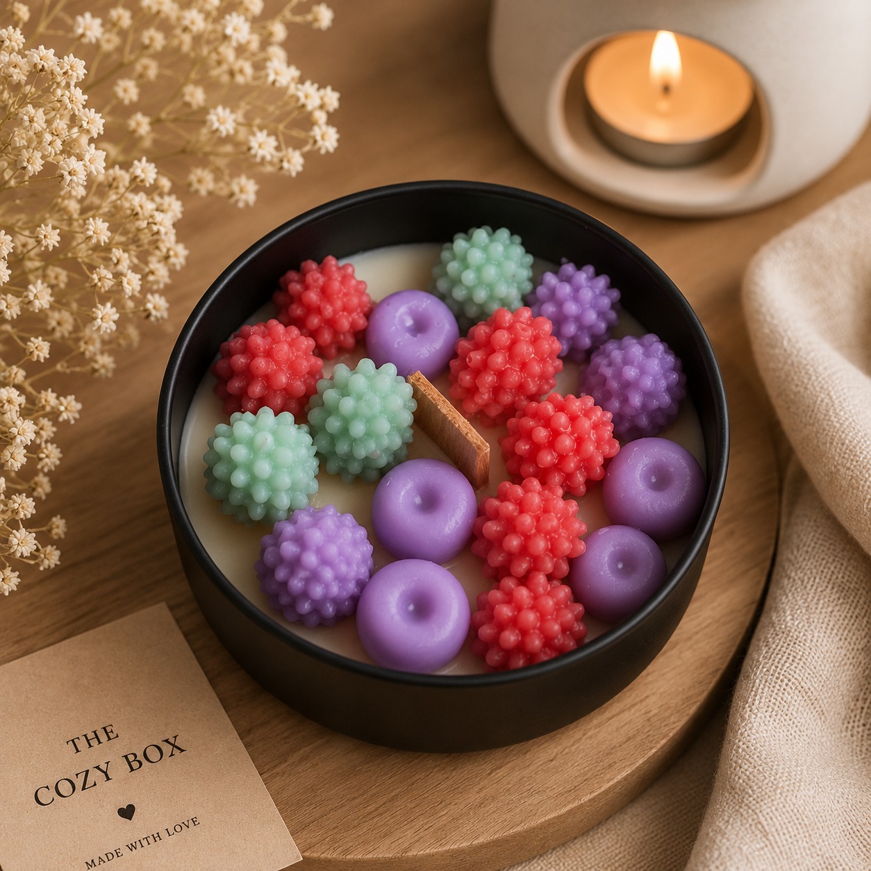 Black tin candle filled with hand-molded raspberry and blueberry wax shapes