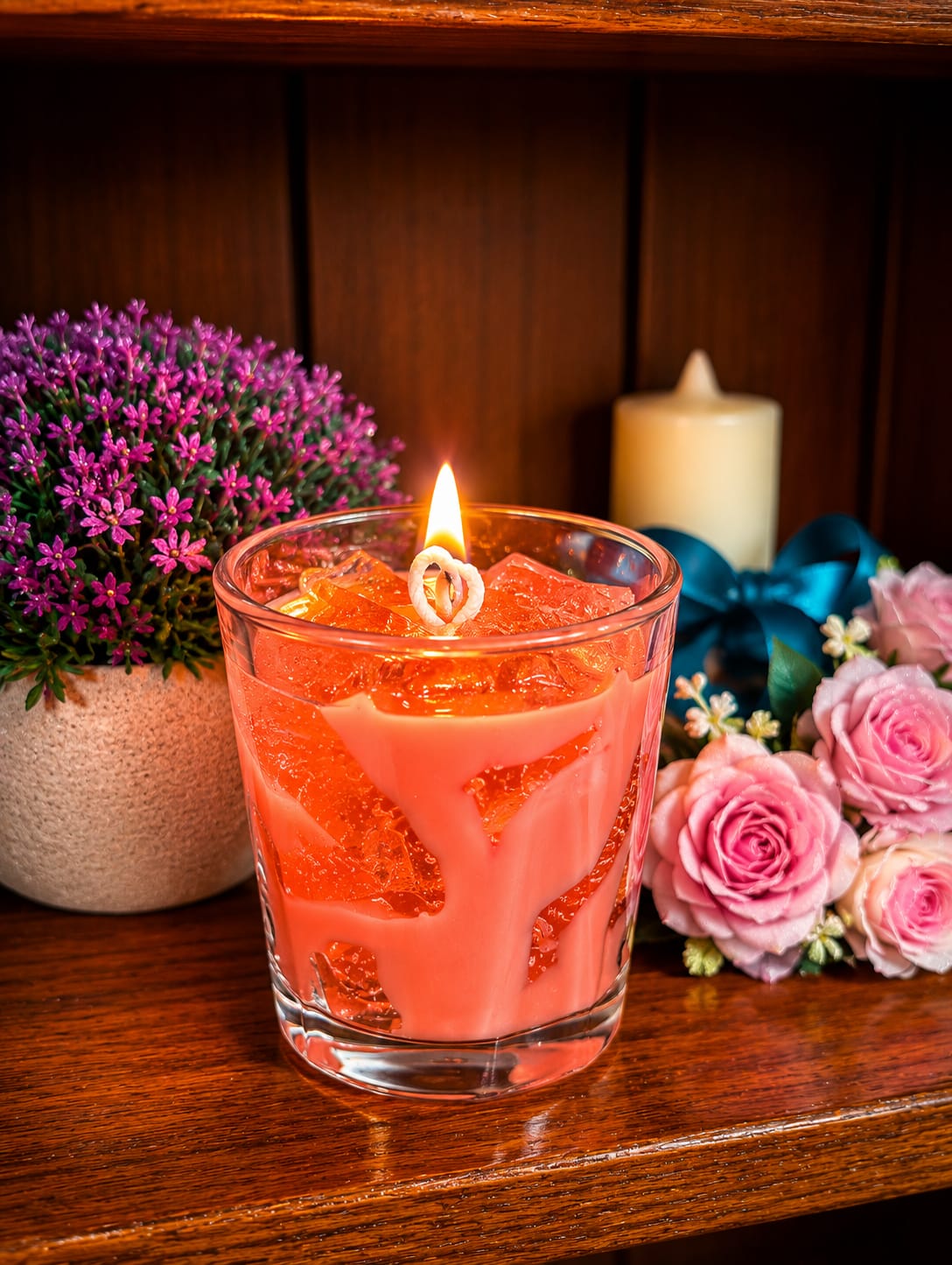 Coral gel candle glowing on a wooden shelf