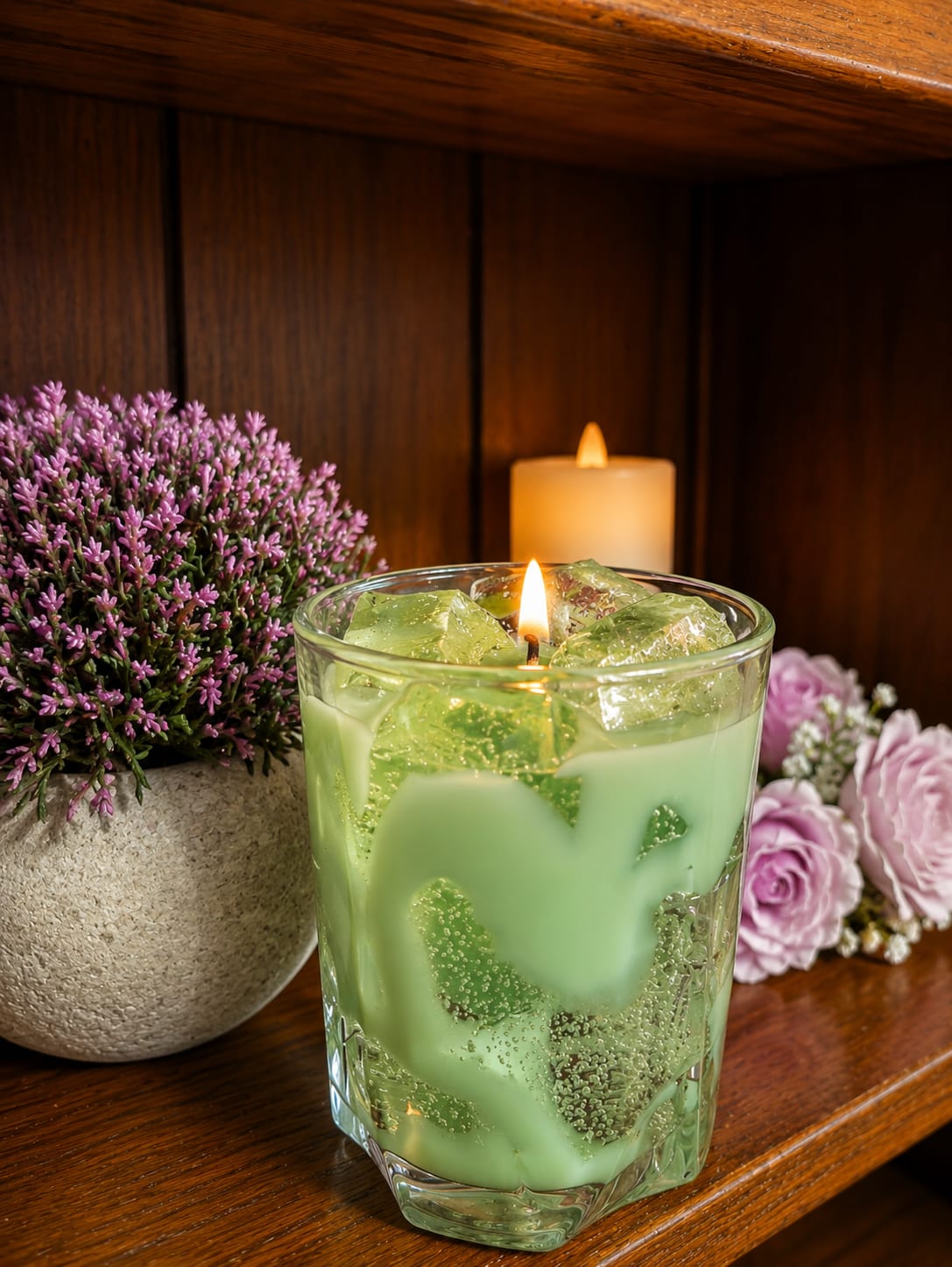 Green gel candle on a wooden shelf