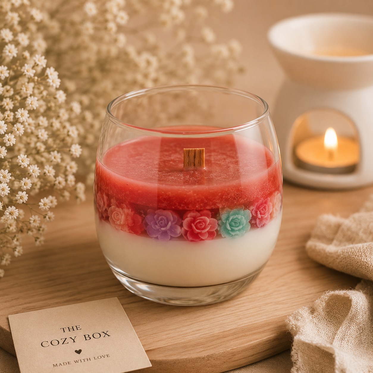 Wood-wick candle topped with a ring of pastel wax roses