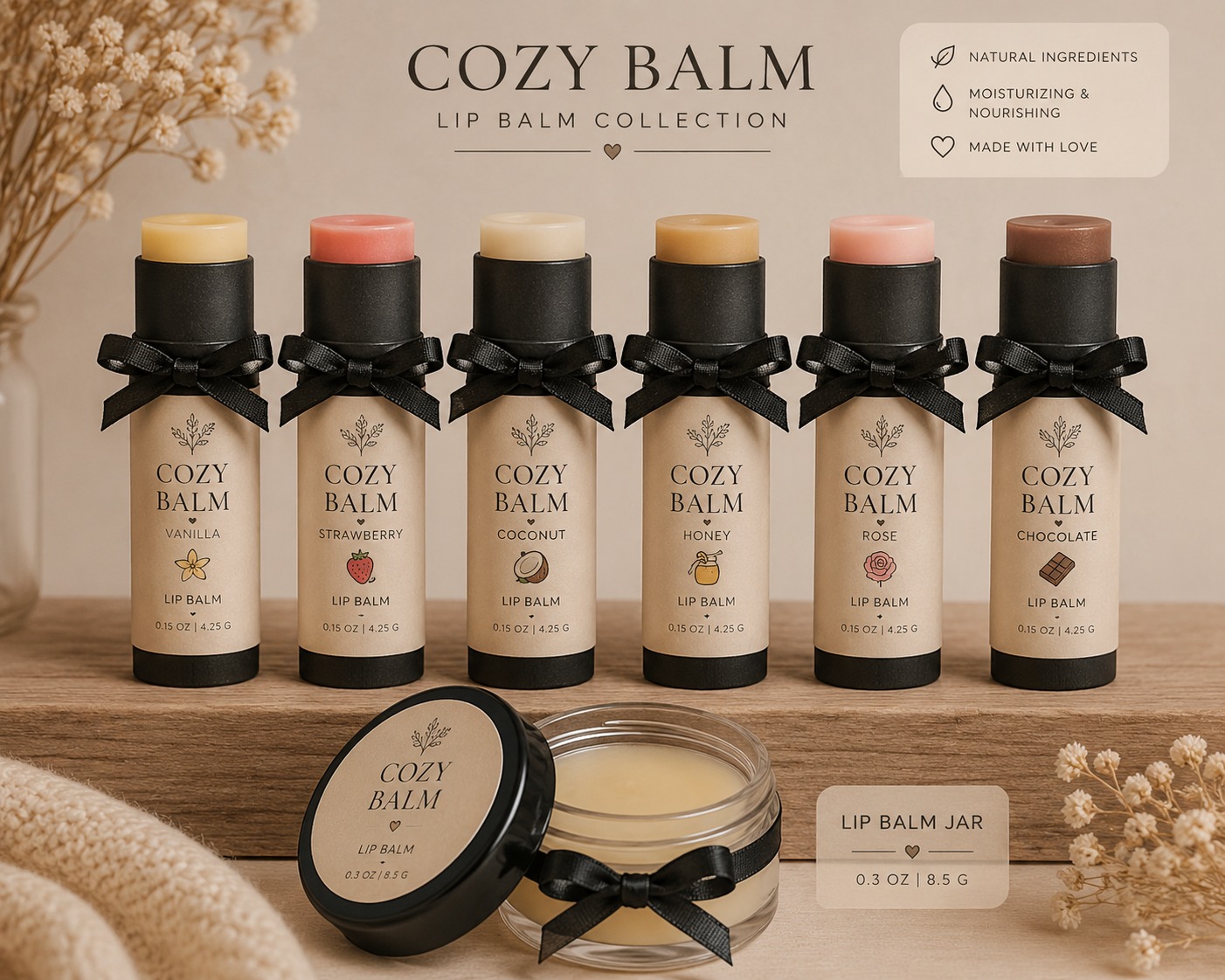 The Cozy Balm lip balm collection in vanilla, strawberry, coconut, honey, rose and chocolate