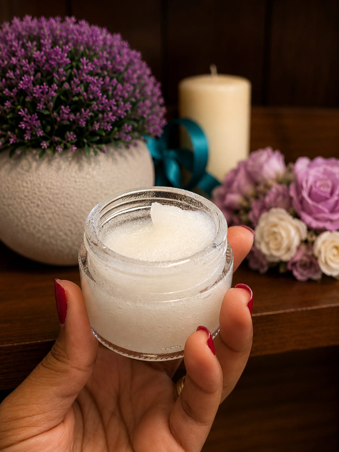 A jar of handmade sugar scrub held in hand