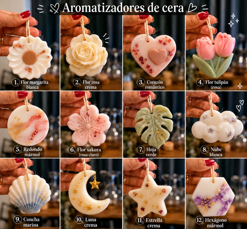 A grid of twelve hand-poured wax fresheners in flower, heart, shell, moon and marble shapes